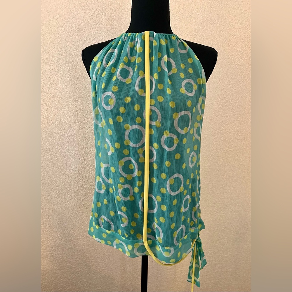 Alicia Hollen Silk Tank Top Teal & Yellow Polka Dot Size Medium